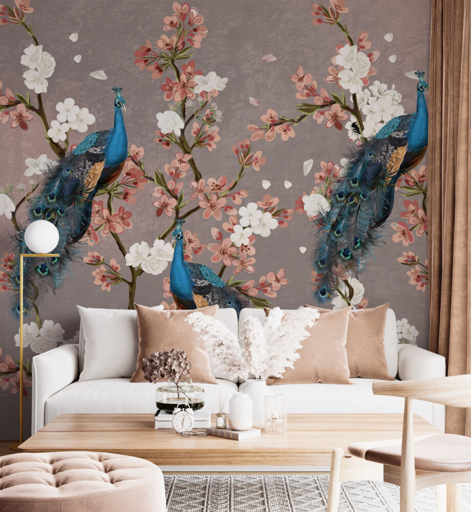 Peacock Cherry Blossom Wallpaper : Mauve Chinoiserie Mural