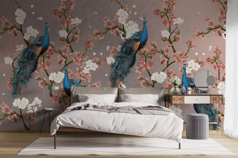 Peacock Cherry Blossom Wallpaper : Mauve Chinoiserie Mural - View 4