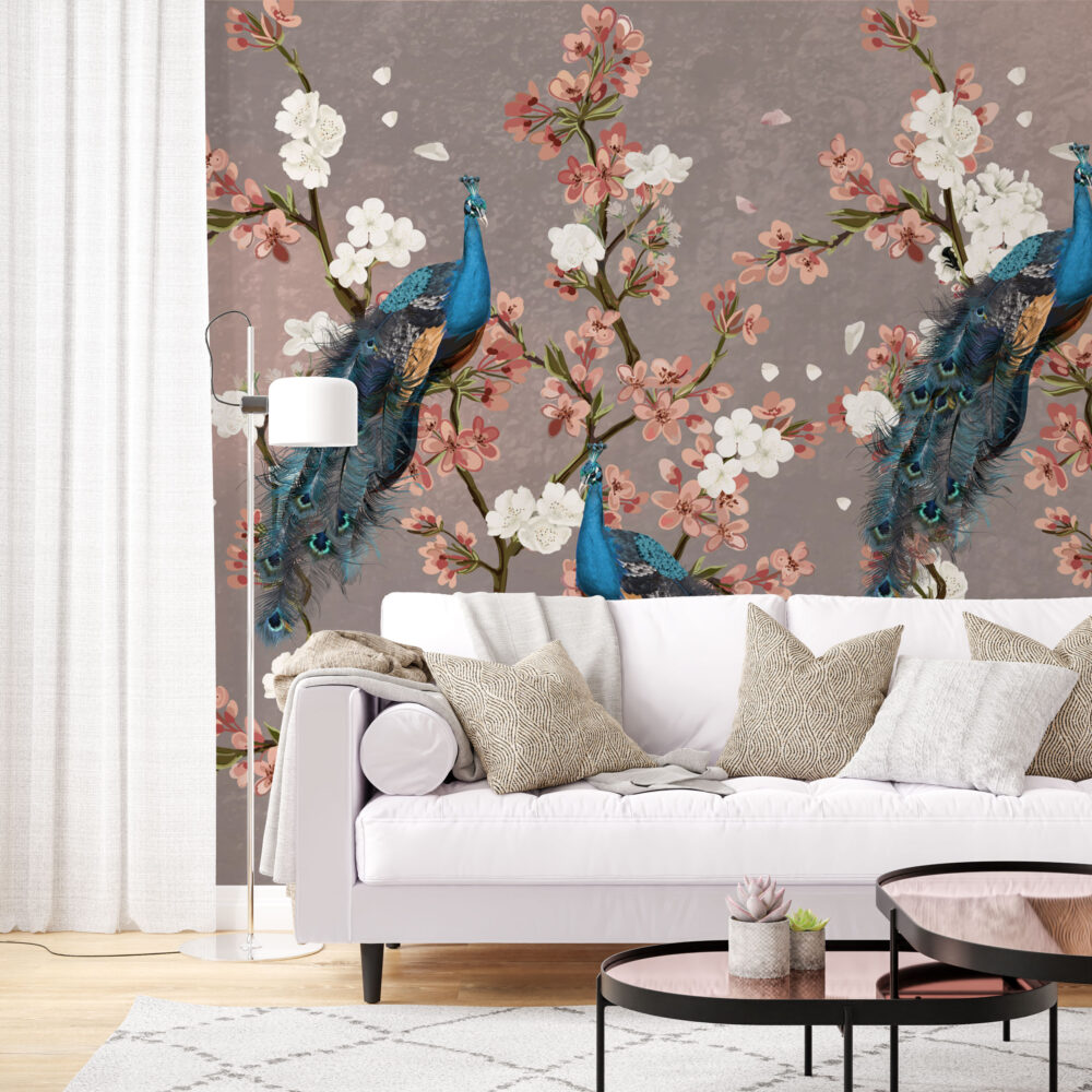 Peacock Cherry Blossom Wallpaper : Mauve Chinoiserie Mural - View 3