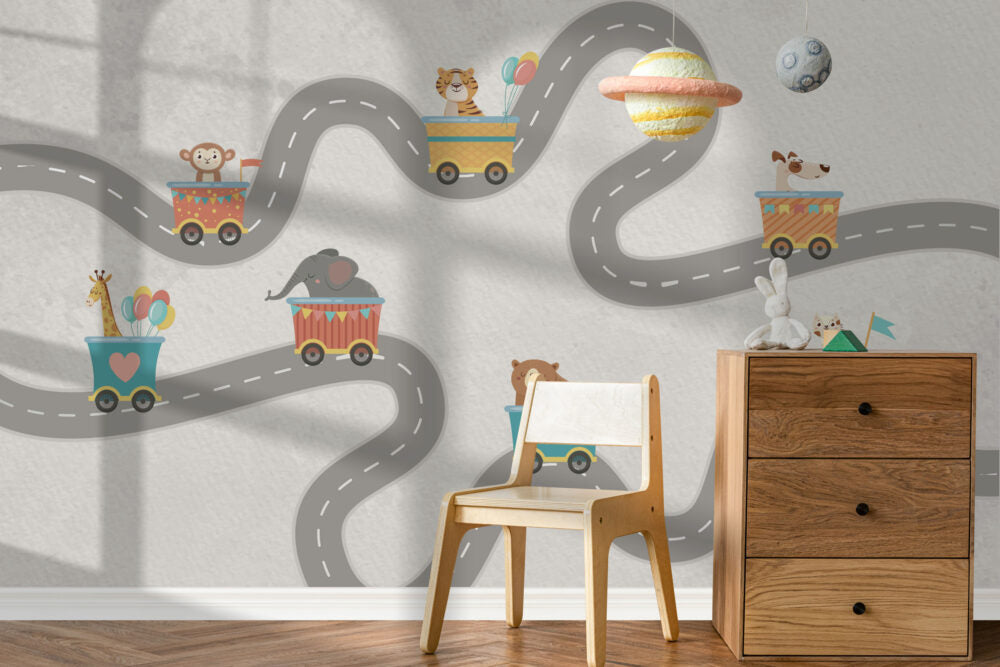 Animal Road Trip Kids Wallpaper : Winding Road Mural - View 4
