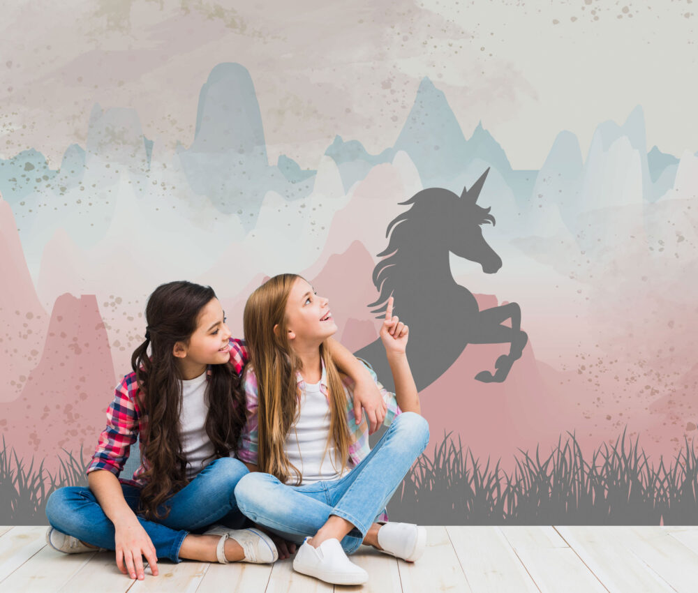 Rearing Unicorn Wallpaper : Pink Mountain Kids Mural - View 4