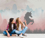 Rearing Unicorn Wallpaper : Pink Mountain Kids Mural - View 4