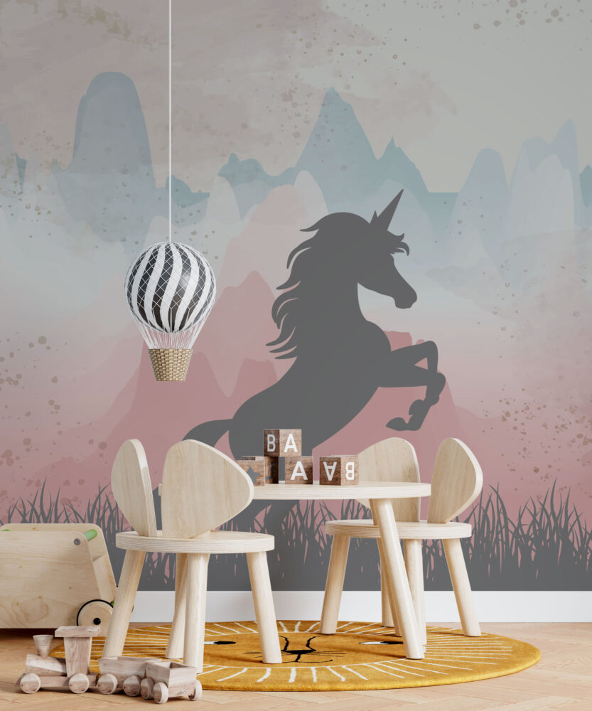 Rearing Unicorn Wallpaper : Pink Mountain Kids Mural - View 3