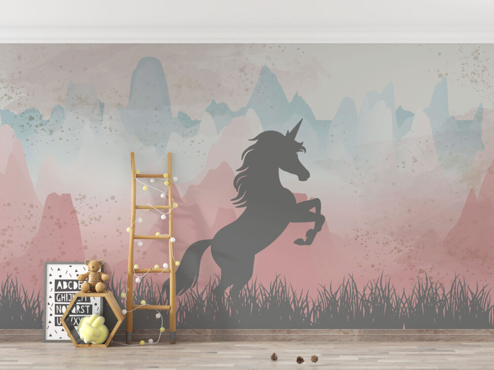Rearing Unicorn Wallpaper : Pink Mountain Kids Mural