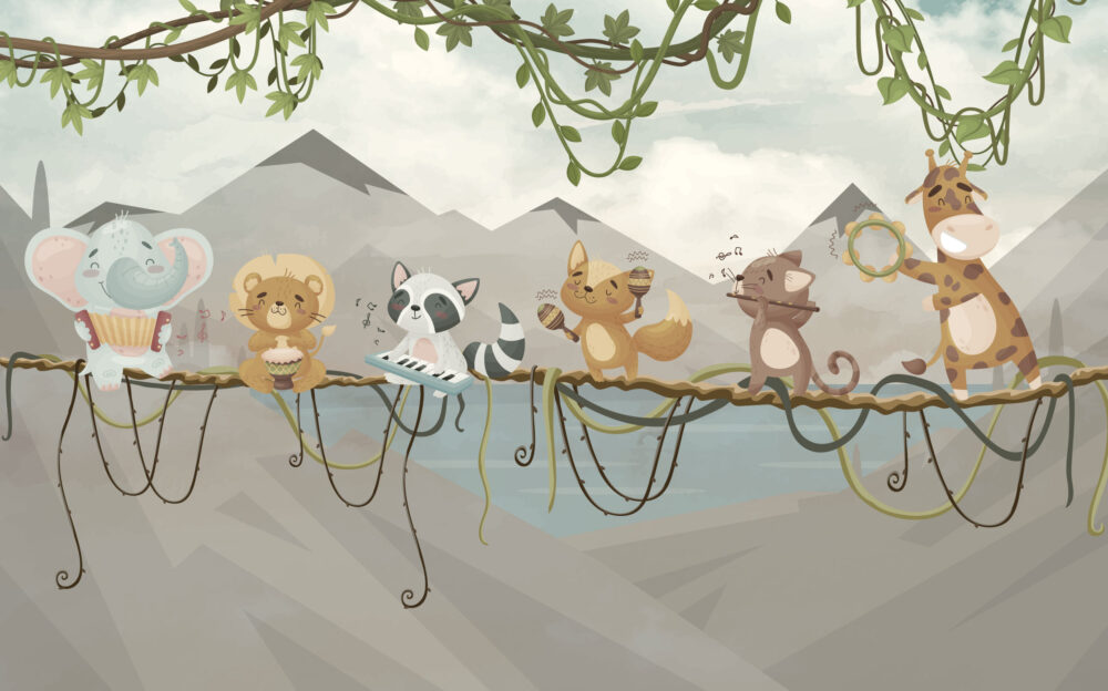 Jungle Band Kids Wallpaper : Musical Animals On Vines Mural - View 2