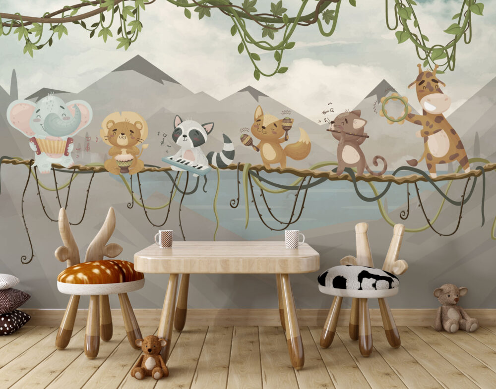 Jungle Band Kids Wallpaper : Musical Animals On Vines Mural
