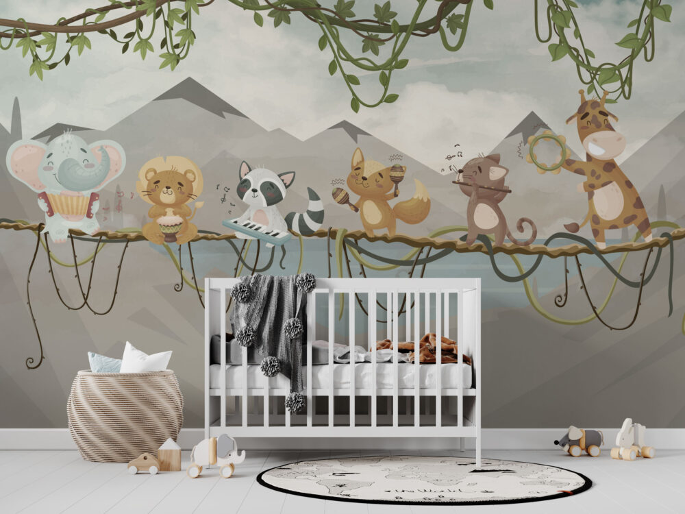 Jungle Band Kids Wallpaper : Musical Animals On Vines Mural - View 4