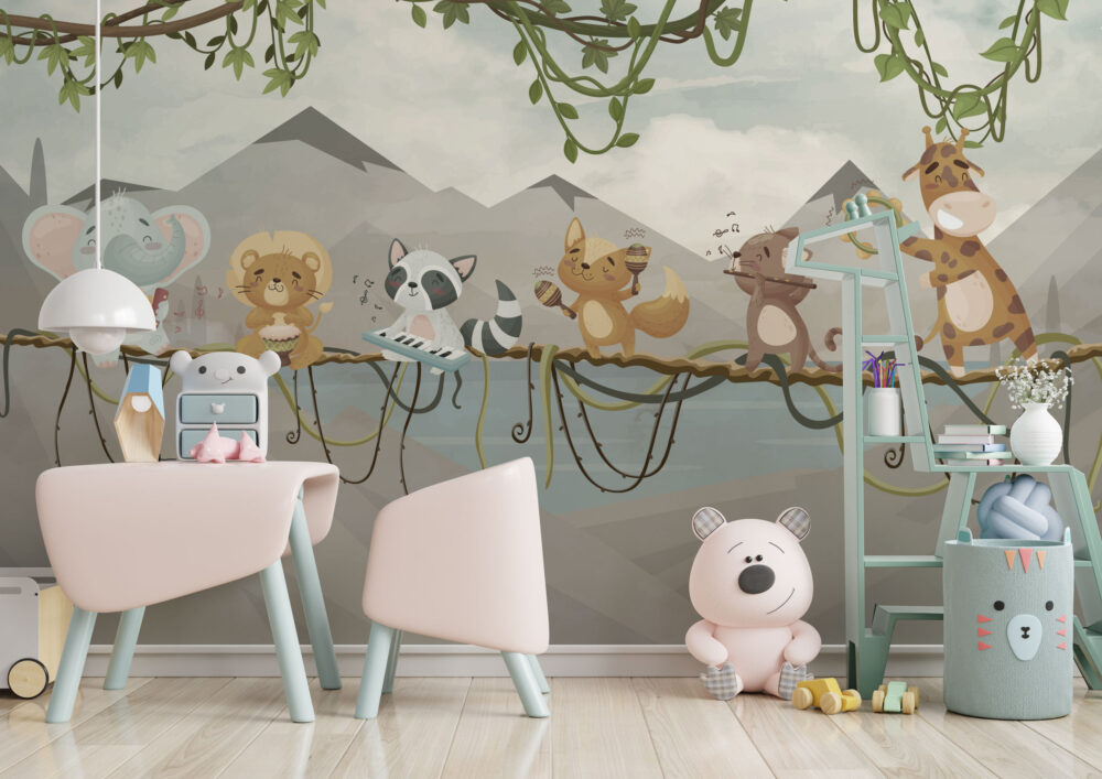 Jungle Band Kids Wallpaper : Musical Animals On Vines Mural - View 3