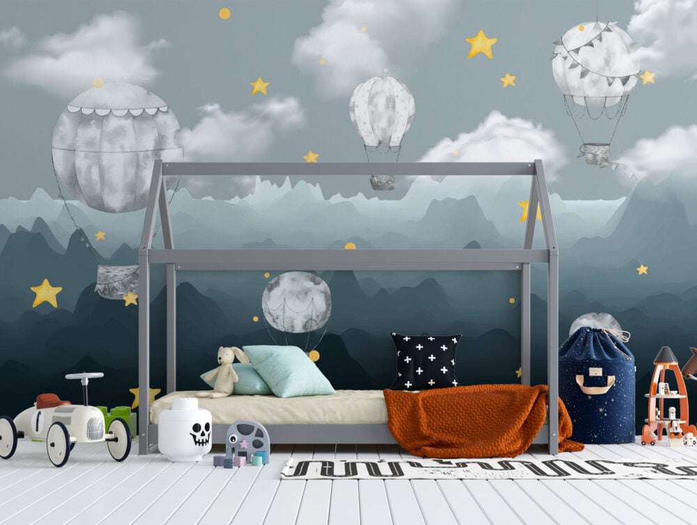 Blue Mountain Balloon Wallpaper : Night Sky Kids Mural - View 4