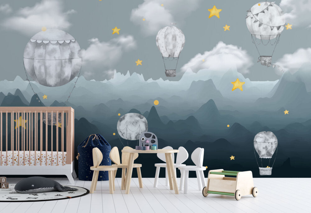 Blue Mountain Balloon Wallpaper : Night Sky Kids Mural - View 3