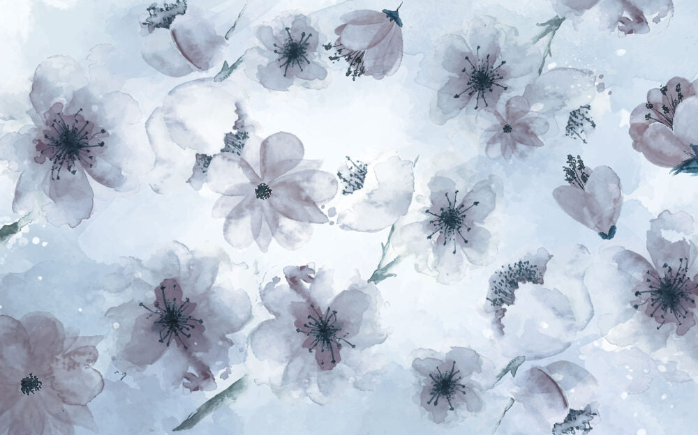 Lilac Watercolor Flower Wallpaper : Soft Blue Floral Mural - View 2