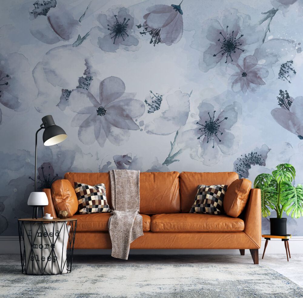 Lilac Watercolor Flower Wallpaper : Soft Blue Floral Mural - View 4