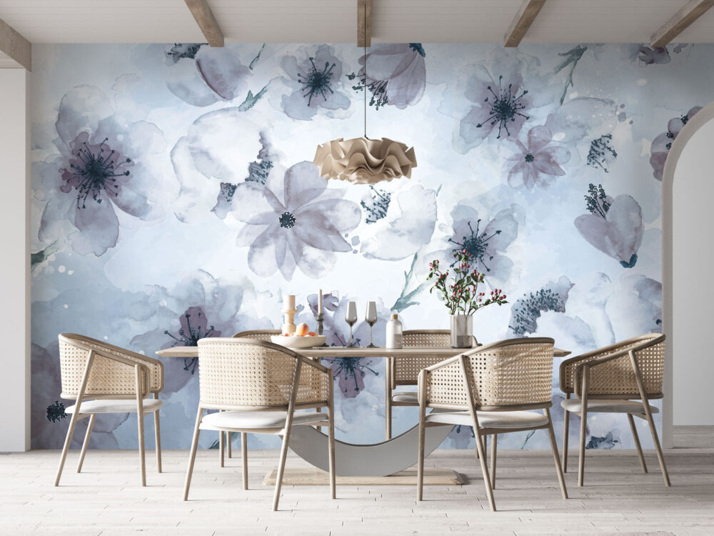 Lilac Watercolor Flower Wallpaper : Soft Blue Floral Mural - View 3