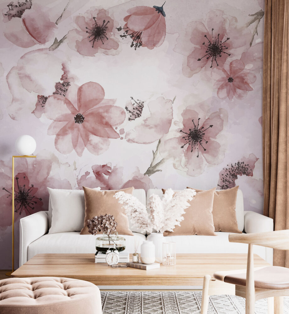 Lilac Watercolor Flower Wallpaper : Soft Blue Floral Mural - View 5