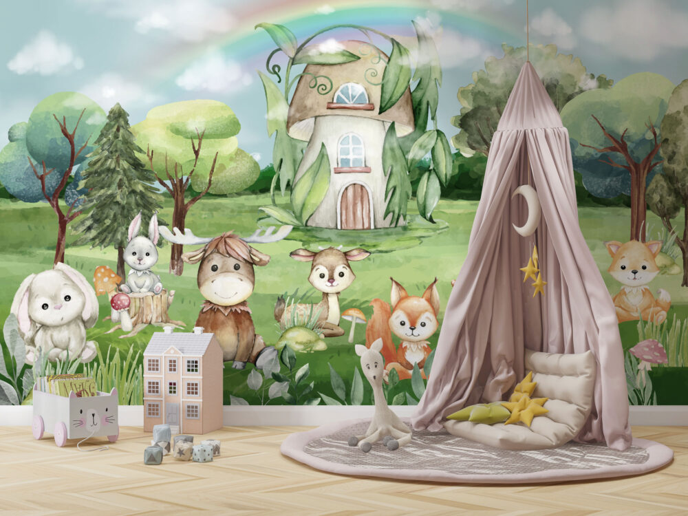 Mushroom House Woodland Wallpaper : Forest Animals Kids Mural