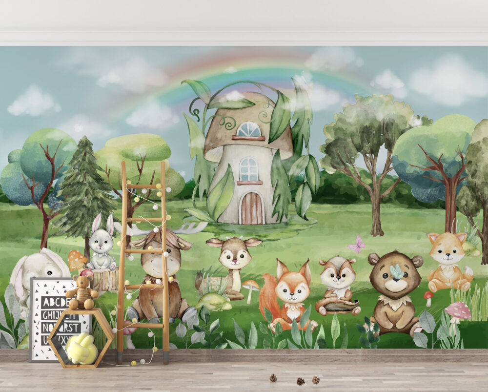 Mushroom House Woodland Wallpaper : Forest Animals Kids Mural - View 4