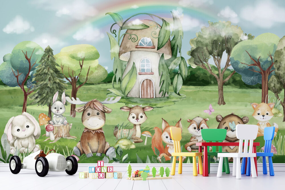 Mushroom House Woodland Wallpaper : Forest Animals Kids Mural - View 3