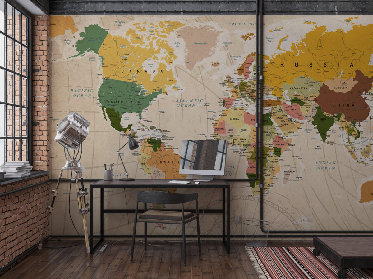Vintage Brown World Map Wallpaper : Detailed Atlas Mural