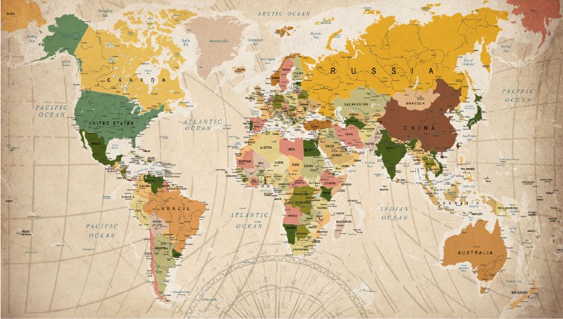 Vintage Brown World Map Wallpaper : Detailed Atlas Mural - View 2