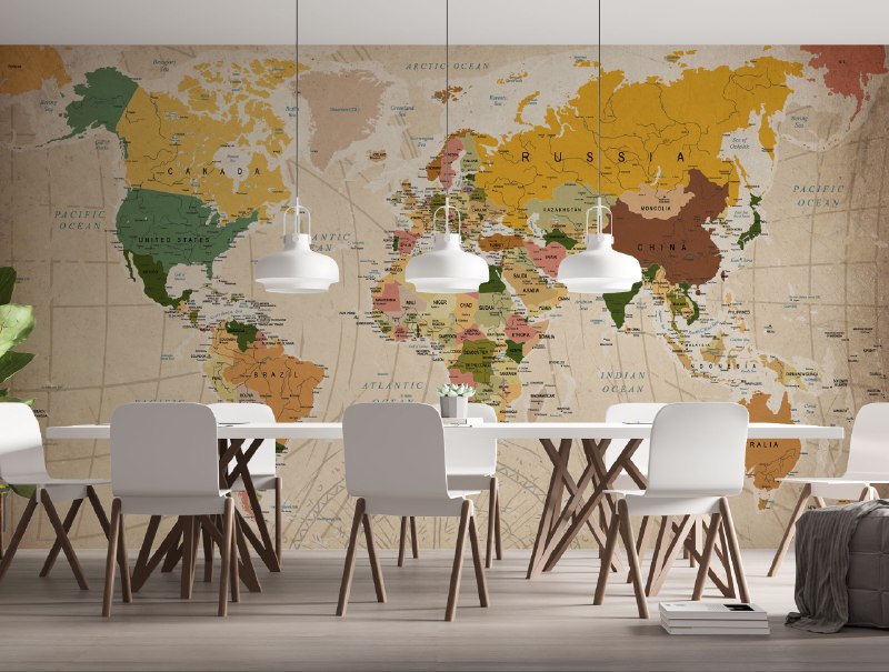 Vintage Brown World Map Wallpaper : Detailed Atlas Mural - View 5