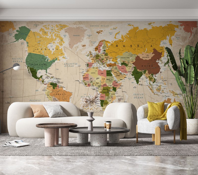 Vintage Brown World Map Wallpaper : Detailed Atlas Mural - View 4