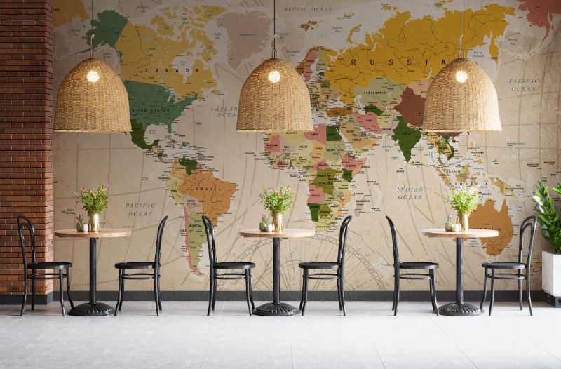 Vintage Brown World Map Wallpaper : Detailed Atlas Mural - View 3