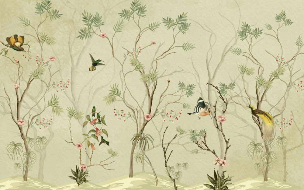 Pistachio Bird Branch Wallpaper : Chinoiserie Blossom Mural - View 2