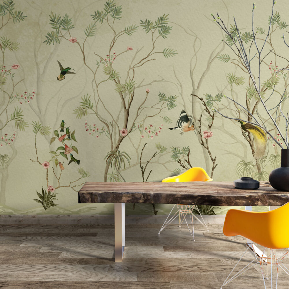 Pistachio Bird Branch Wallpaper : Chinoiserie Blossom Mural