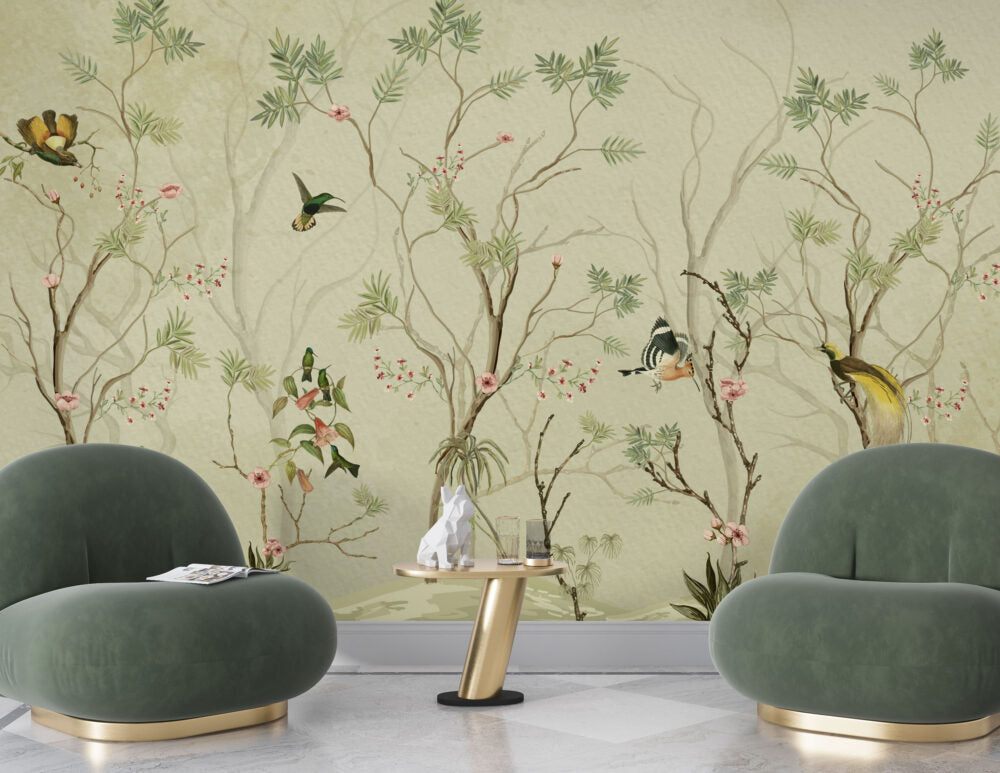 Pistachio Bird Branch Wallpaper : Chinoiserie Blossom Mural - View 4