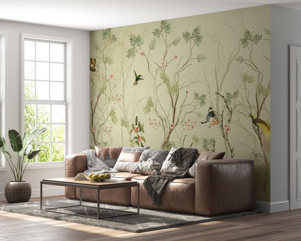 Pistachio Bird Branch Wallpaper : Chinoiserie Blossom Mural - View 3