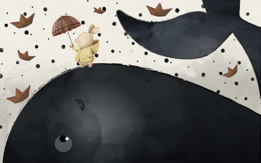 Big Whale Kids Wallpaper : Navy Whale And Bunny Mural - View 2