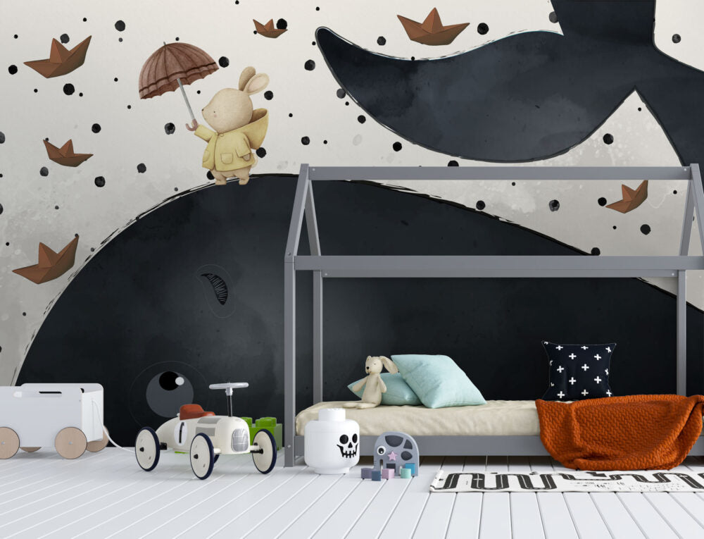 Big Whale Kids Wallpaper : Navy Whale And Bunny Mural - View 4