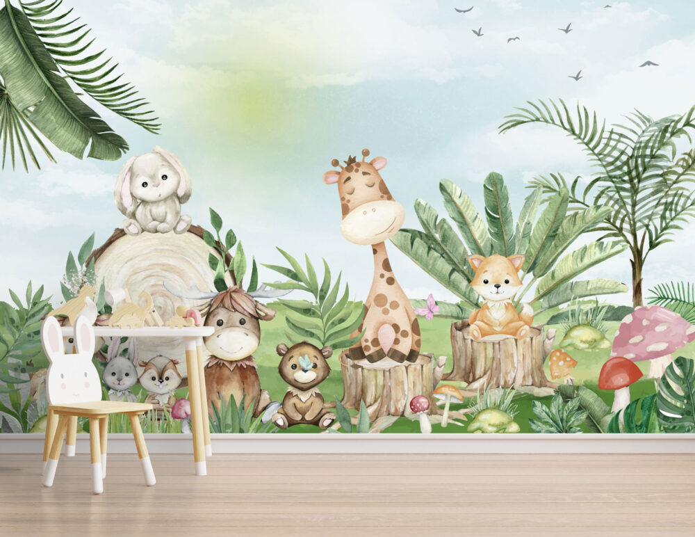 Cute Jungle Animals Wallpaper : Giraffe And Friends Kids Mural