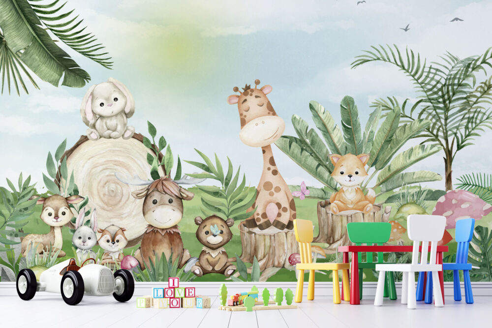 Cute Jungle Animals Wallpaper : Giraffe And Friends Kids Mural - View 4