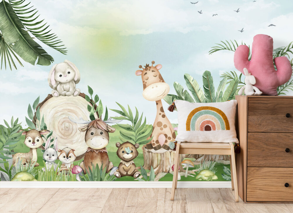 Cute Jungle Animals Wallpaper : Giraffe And Friends Kids Mural - View 3
