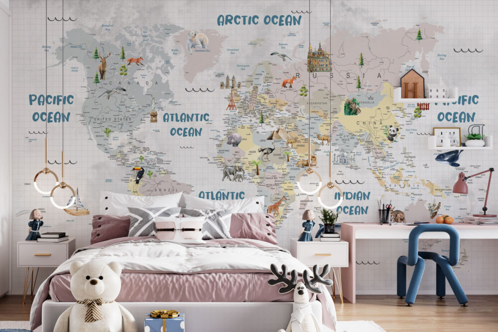 Kids Animal World Map Wallpaper : Illustrated Atlas Mural - View 4
