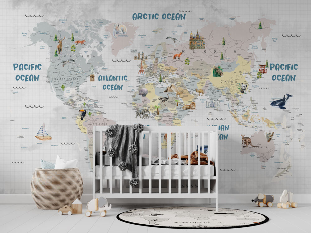 Kids Animal World Map Wallpaper : Illustrated Atlas Mural - View 3