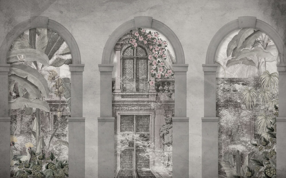 Roman Arch Garden Wallpaper : Grey Classical Doorway Mural - View 2