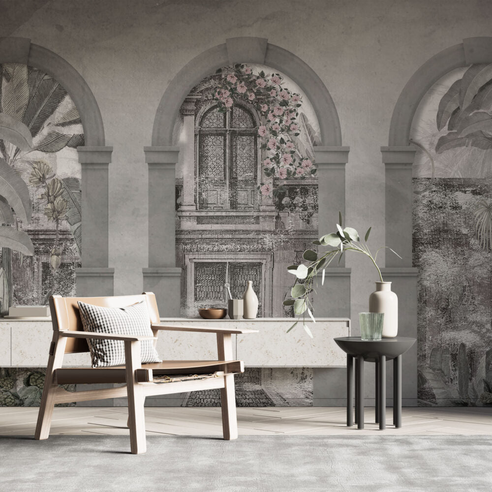 Roman Arch Garden Wallpaper : Grey Classical Doorway Mural - View 4