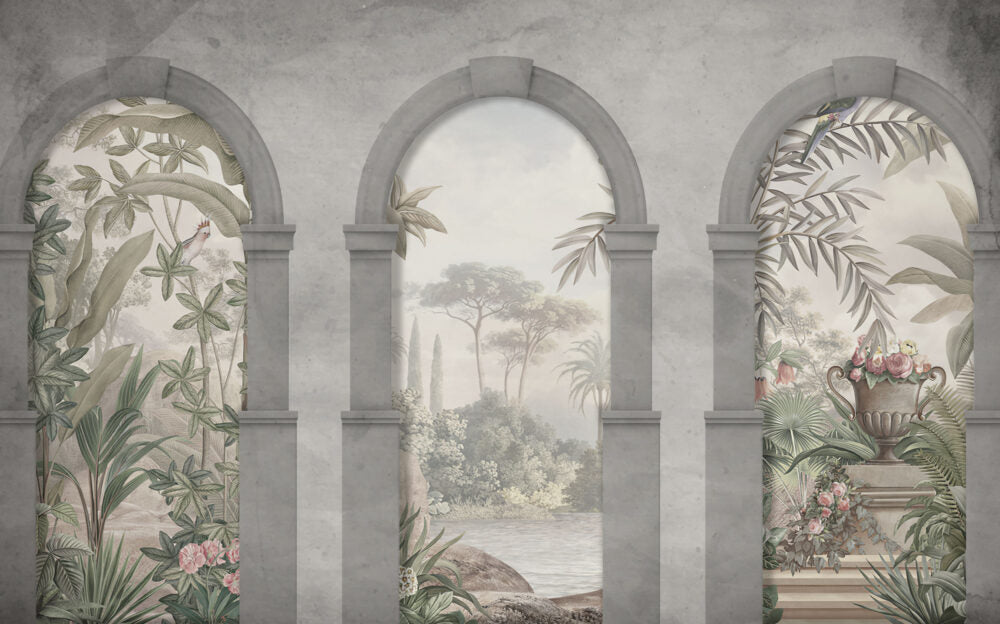 Roman Arch Tropical Wallpaper : Misty Garden View Mural - View 2
