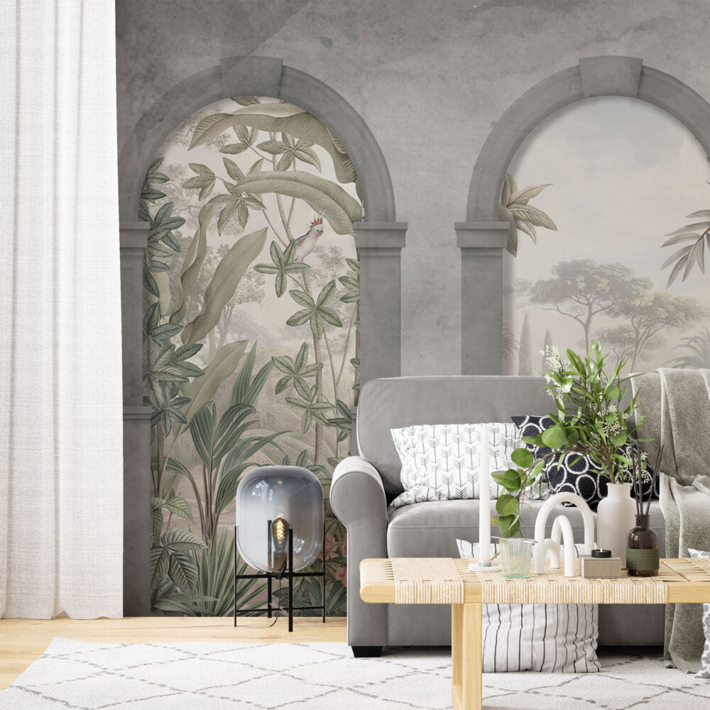 Roman Arch Tropical Wallpaper : Misty Garden View Mural - View 3