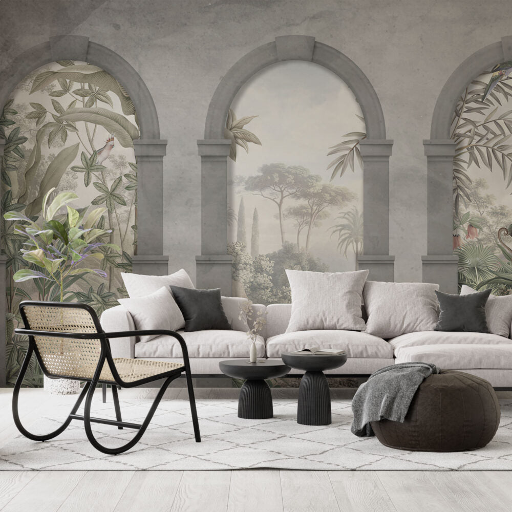 Roman Arch Tropical Wallpaper : Misty Garden View Mural