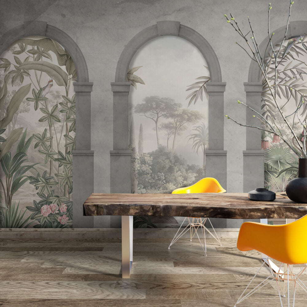 Roman Arch Tropical Wallpaper : Misty Garden View Mural - View 4