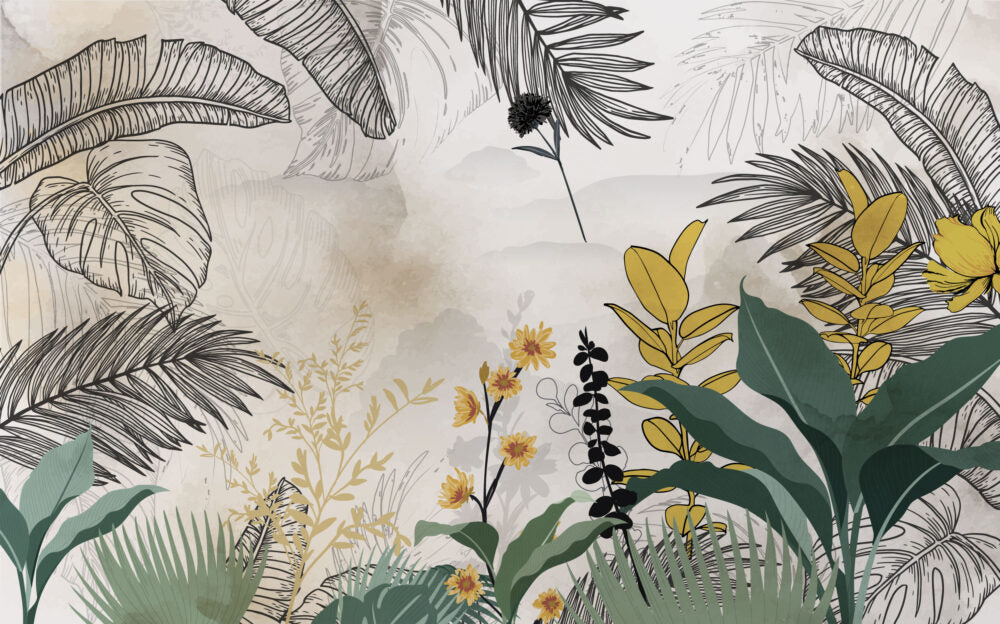 Yellow Daisy Leaf Wallpaper : Modern Botanical Mural - View 2