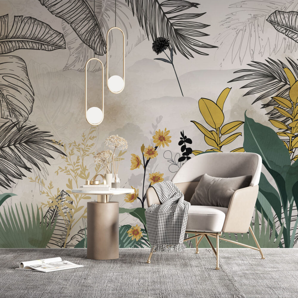Yellow Daisy Leaf Wallpaper : Modern Botanical Mural