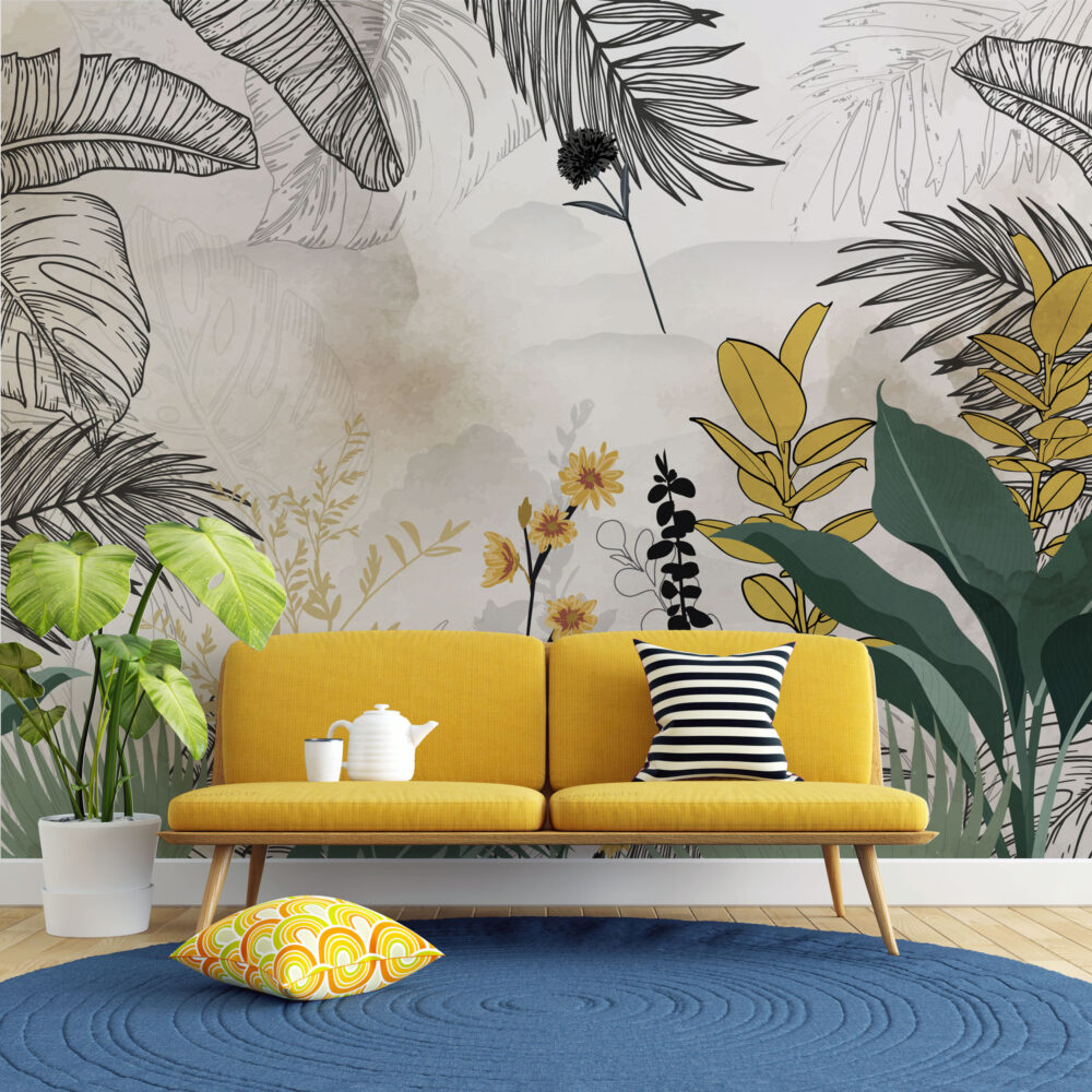 Yellow Daisy Leaf Wallpaper : Modern Botanical Mural - View 4