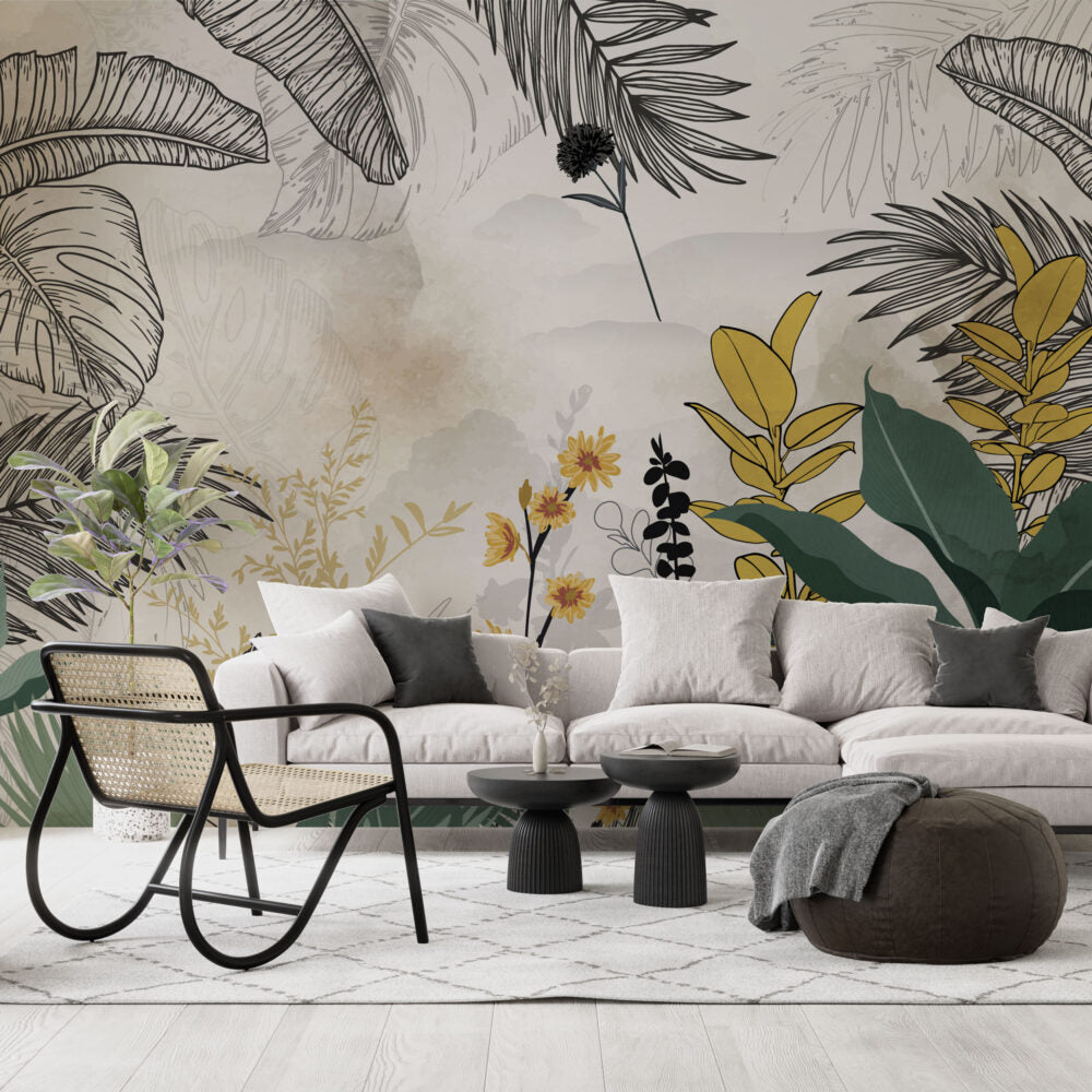 Yellow Daisy Leaf Wallpaper : Modern Botanical Mural - View 3