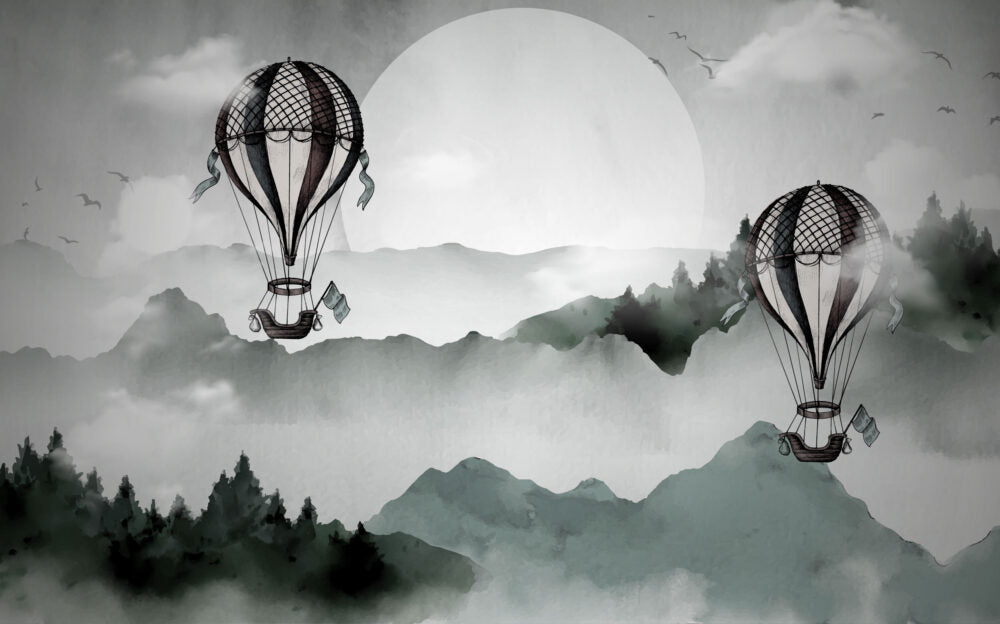 Misty Mountain Balloon Wallpaper : Ink Landscape Mural - View 2