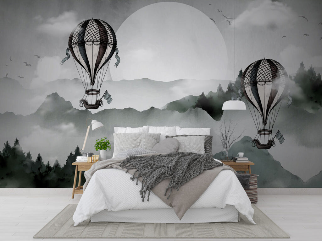 Misty Mountain Balloon Wallpaper : Ink Landscape Mural - View 4