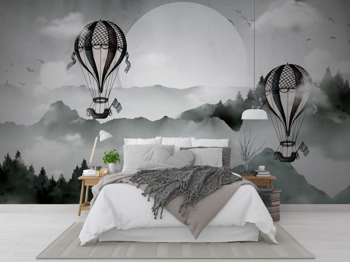 Misty Mountain Balloon Wallpaper : Ink Landscape Mural - View 4